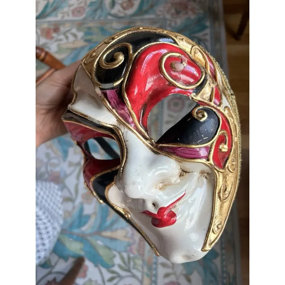 Vintage La Maschera del Galeone Venetian Mask Hand Painted Italy Venezia Red
